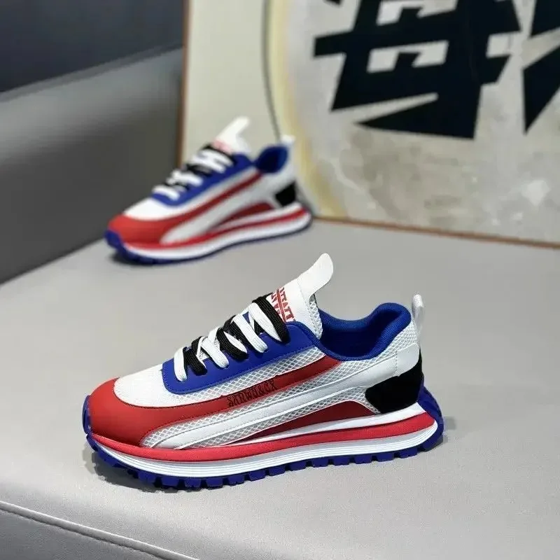 العصرية الرياضة حذاء أحمر الرجال سميكة القاع زيادة جولة رئيس حذاء كاجوال المضادة للانزلاق مقاومة للاهتراء تنفس شبكة ترقية