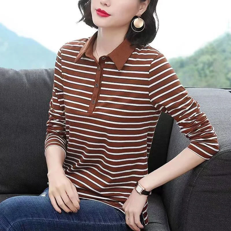 Autumn Winter Lapel Pure Cotton Striped Print T-shirt Lady Long Sleeve Loose Casual Pullover Top Women 5XL Simple All-match Tees