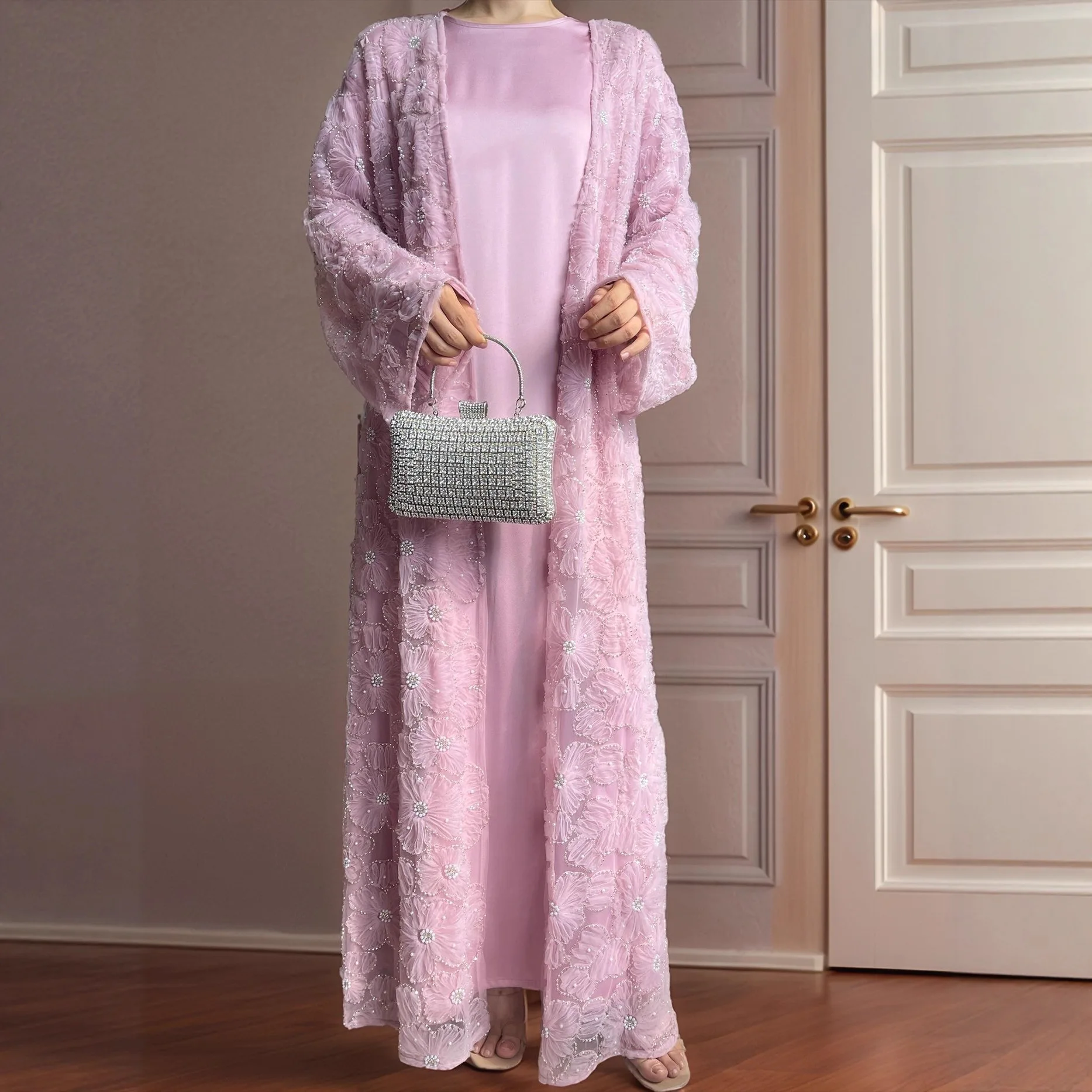 

Комплект из 2-х предметов: Женская абайя и мусульманский кардиган с бисером и цветами, платье-джалабия, длинное исламское арабское платье, марокканский кафтан для Рамадана