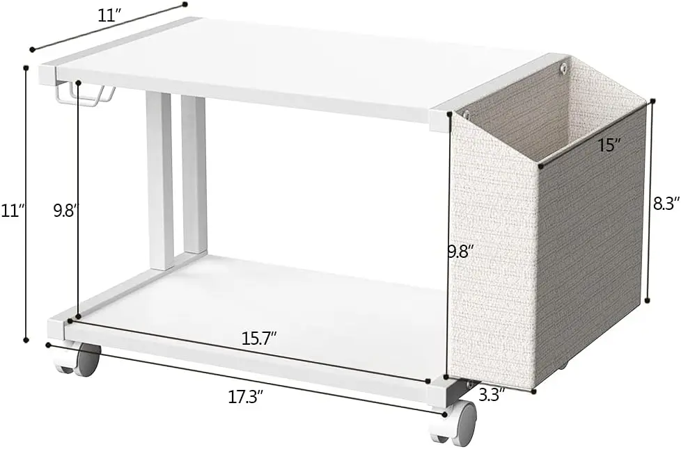 VEDECASA 2 Tier Modern White Wooden Under Desk Printer Stand with Storage Bag for Home Office Desktop Printer Table Organizer