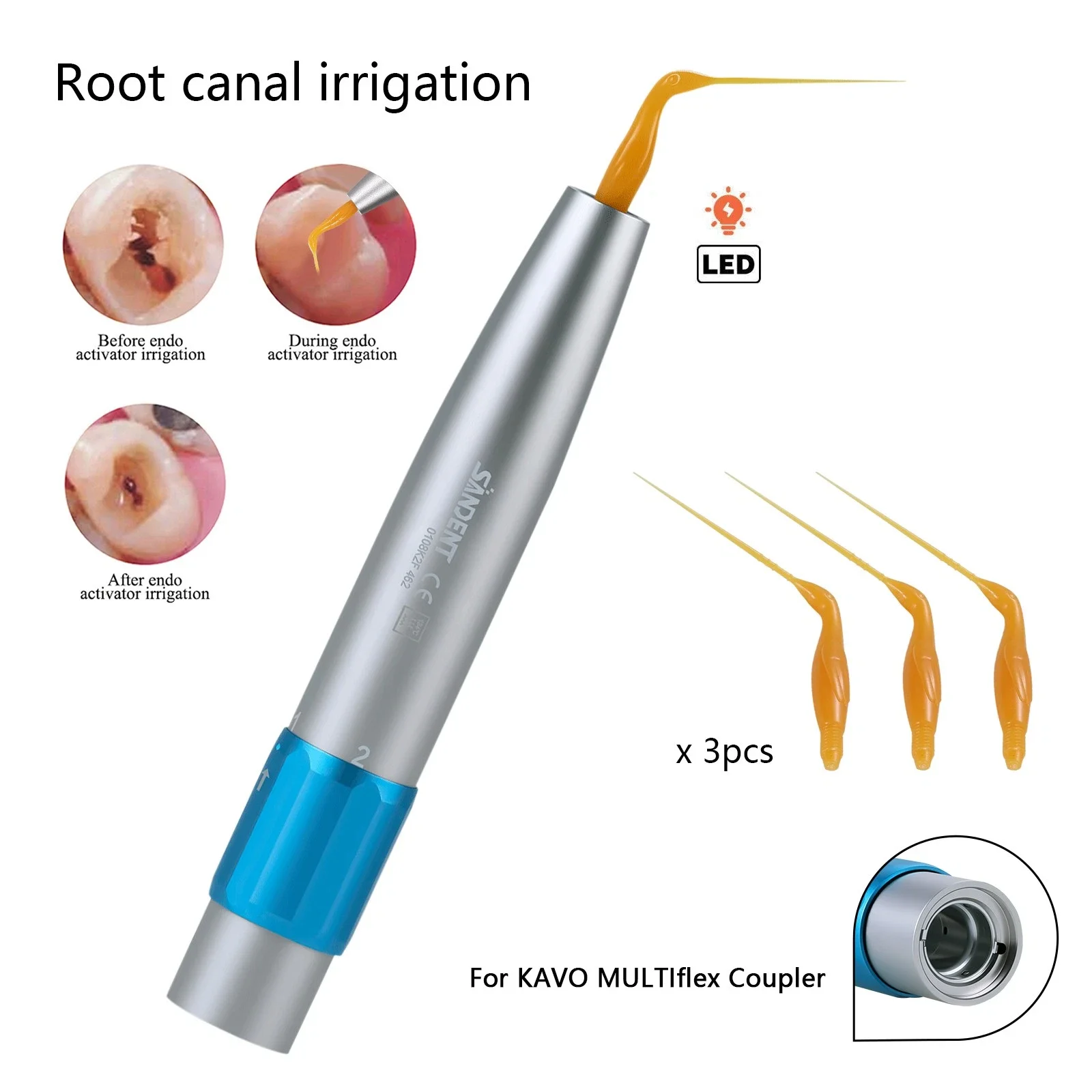 Dental LED Sonic Air Scaler Handpiece Activation Irrigation Tip Fit KaVo Quick Coupler/30pcs Endo Needle Tips
