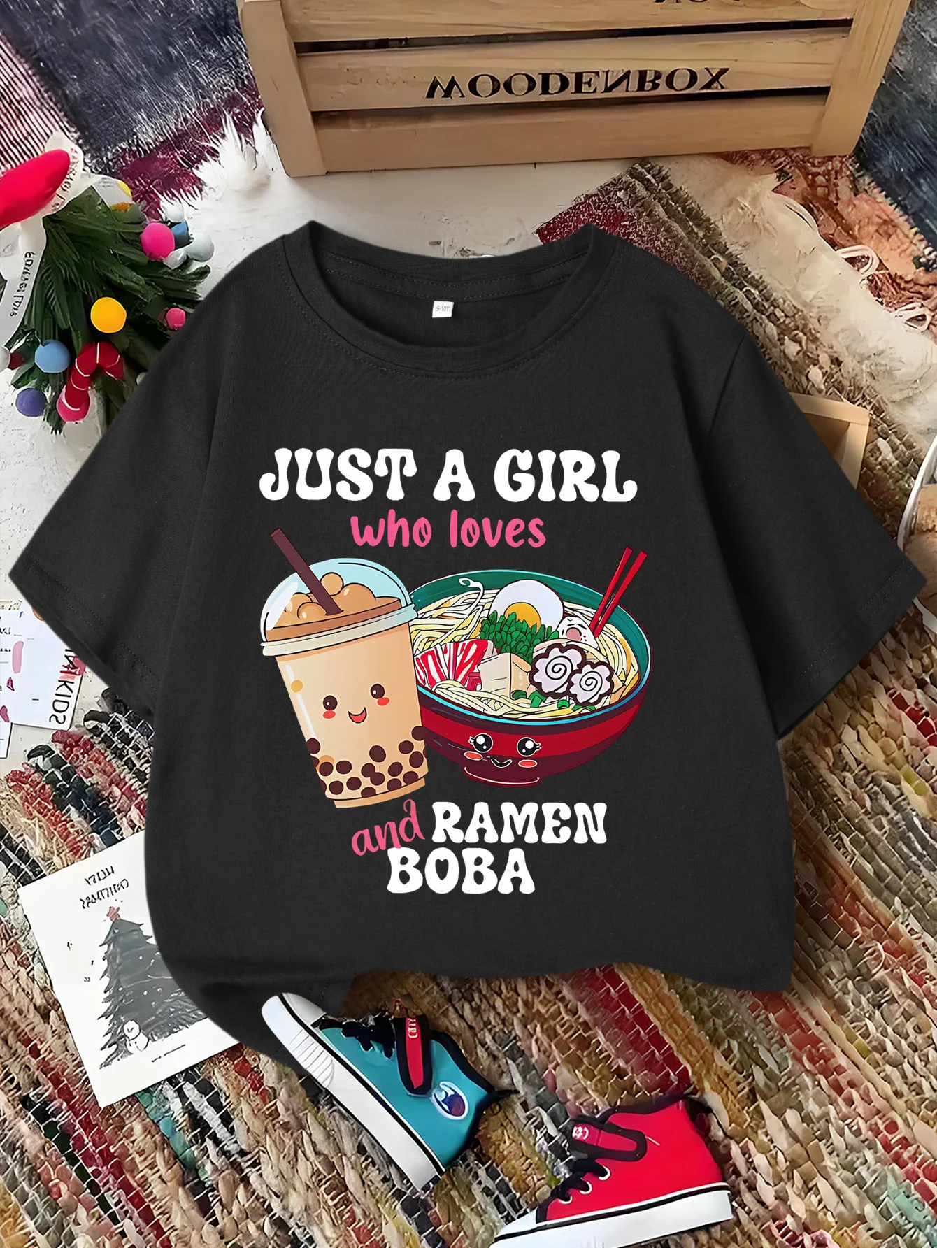 Boba Ramen Cute Cartoon Letter Print Boys Girls Family Matching Tee Soft Kids Parent Short Sleeve Daily Casual Comfort T Shirt