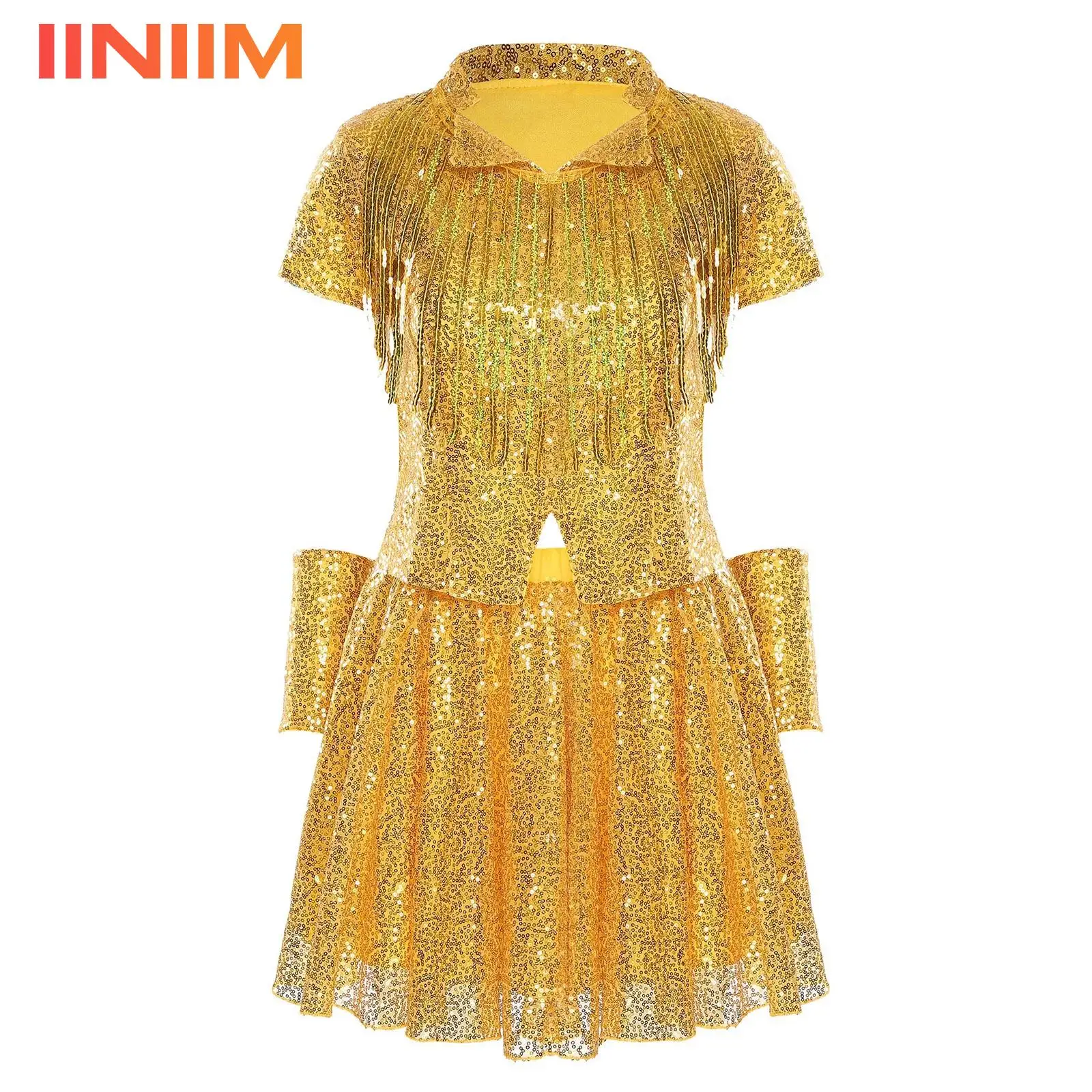 Costume da cheerleader con paillettes lucide da donna T-shirt con nappe Top Guanti Minigonna a pieghe Costume da performance di danza jazz da discoteca Hip Hop