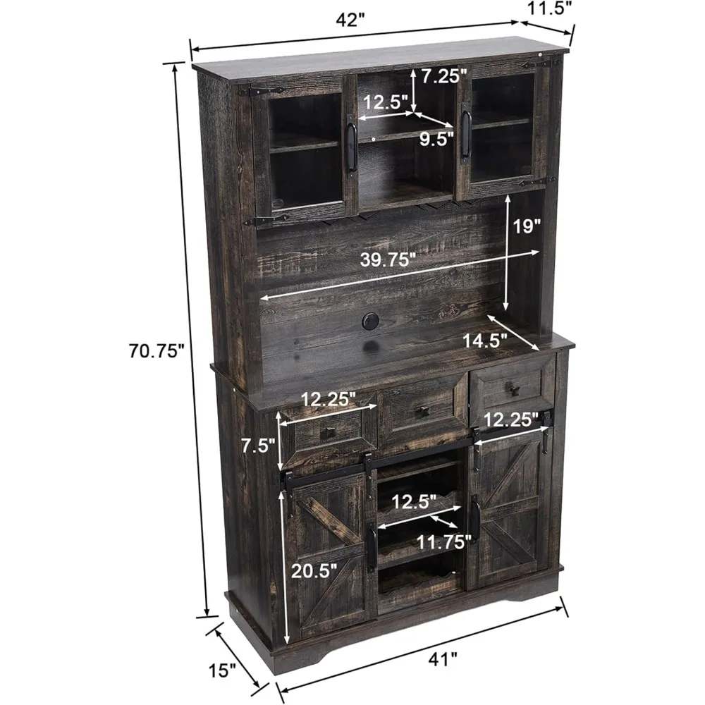 Mueble de vino rústico blanco para cafetería de granja con puerta corrediza de granero, aparador, cajón y estante de vidrio