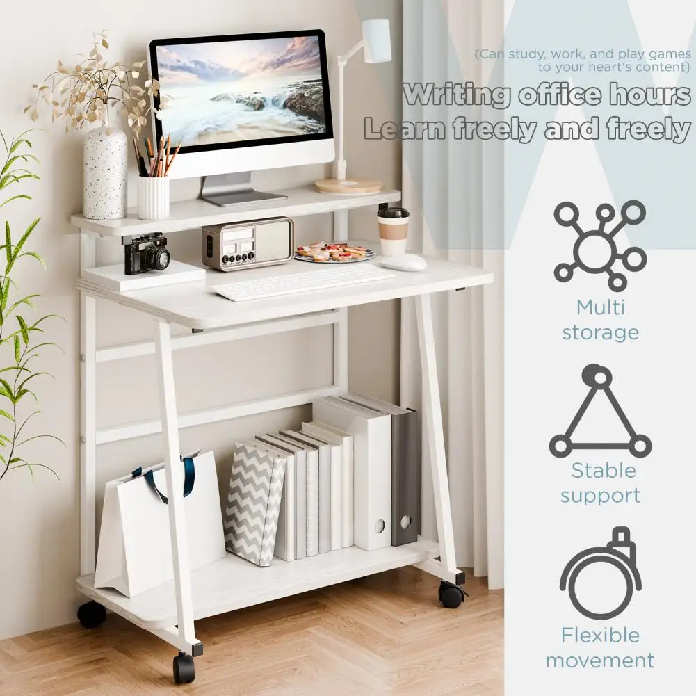 

80x50cm Small Rolling Computer Desk, Computer Desk for Small Space, 3-Tiers Work Office Desk with Monitor Stand, Small Student W