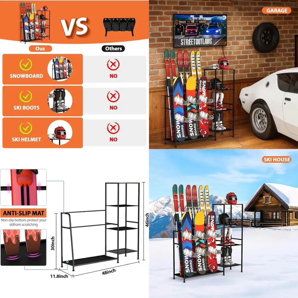 

Стеллаж для хранения лыж и сноуборда в гараже на 4-х лыжах, 3 сноуборда, ботильоны, палки и очки