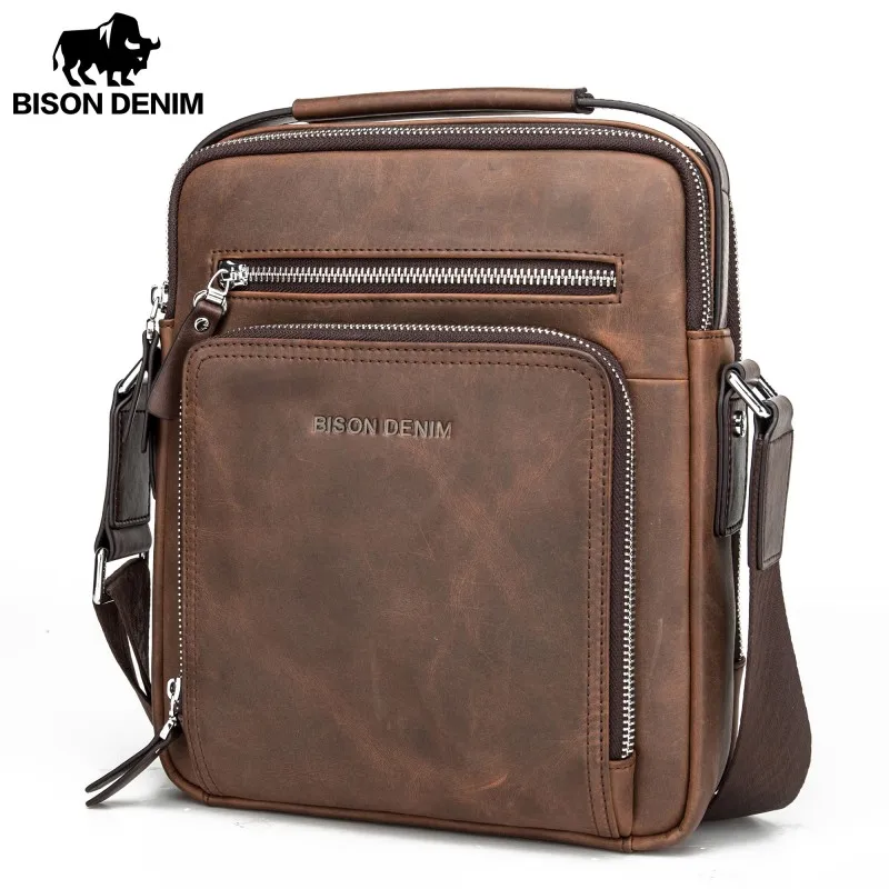 BISON DENIM Genuine Leather Men's Bag Business  Shoulder Crossbody Bag Christmas Gift designer handbags high quality N2333-1