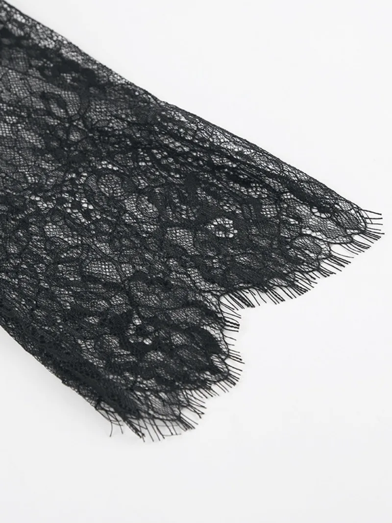 Robe longue en dentelle transparente noire pour femmes, Sexy, col rond, manches longues, ajouré, fente haute, T-shirt irrégulier, 2024