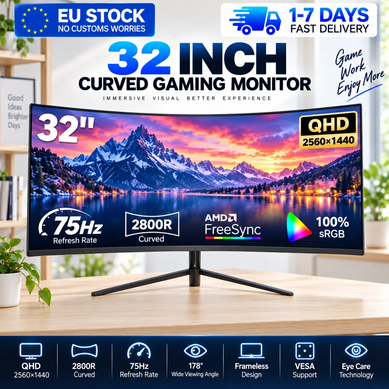Monitor da gioco curvo QHD da 32 pollici Crua Gf320E, 75Hz 2560x1440, display per PC con curvatura immersiva 2800R, design senza cornice, compatibilità con supporto VESA, ampio angolo di visione,