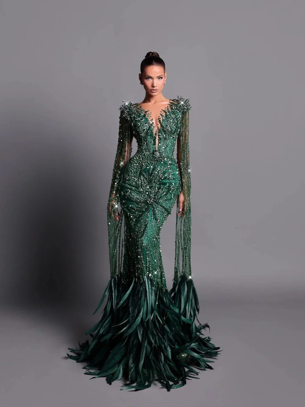 Wykwintne Kryształowe Sukienki Wieczorowe Sukienki Balowe z Cekinami i Piórami Sukienki na Imprezę Syrenka z Długimi Rękawami i Dekoltem w Serek Vestidos De Noche