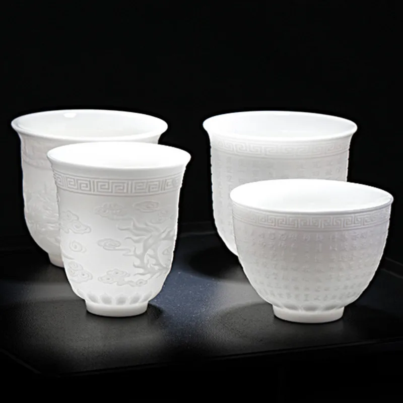 White Porcelain Tea Cup Set, Three-Dimensional Relief Tea Bowl, Large Capacity, Tea Ceremony