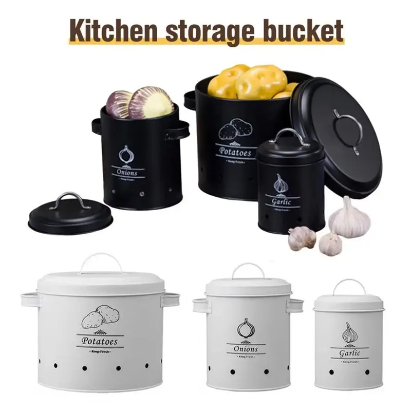 A74E-3Pcs Metal Storage Bucket Set With 360-Degree Ventilation System Large Capacity Multipurpose Garlic Potato Storage Box