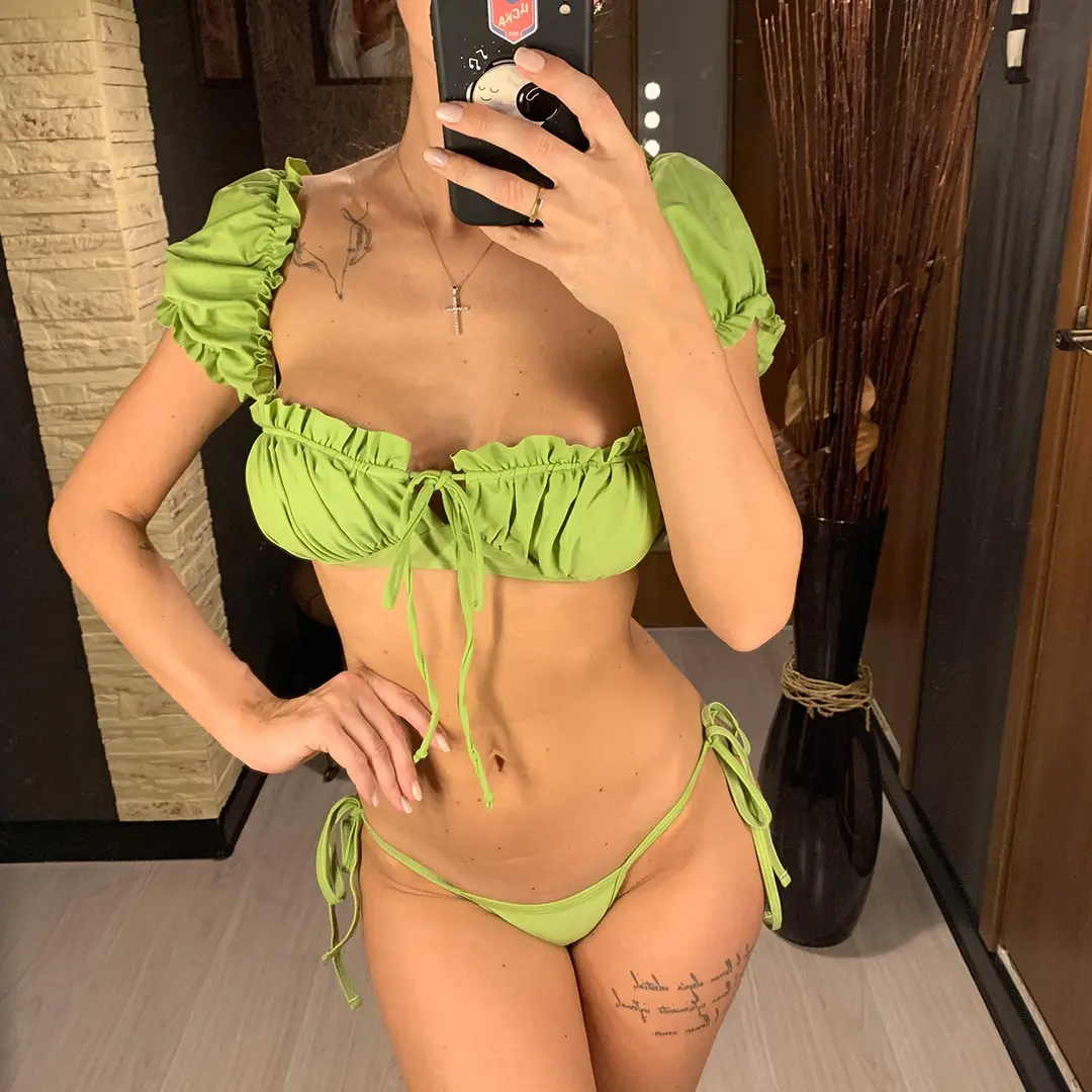 Kurzärmeliger, brasilianischer, plissierter, geraffter Bikini-Badeanzug für Damen, zweiteiliger Bikini-Set, Badebekleidung, Badeanzug, Schwimmanzug V1729 – Detail 2