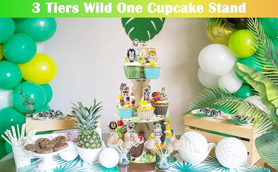 3-stöckiger Cupcake-Ständer im Dschungel-Safari-Design, Dessert-Halter für Waldjagd-Babyparty oder Geburtstagsfeier, Grau & Grün – Detail 1