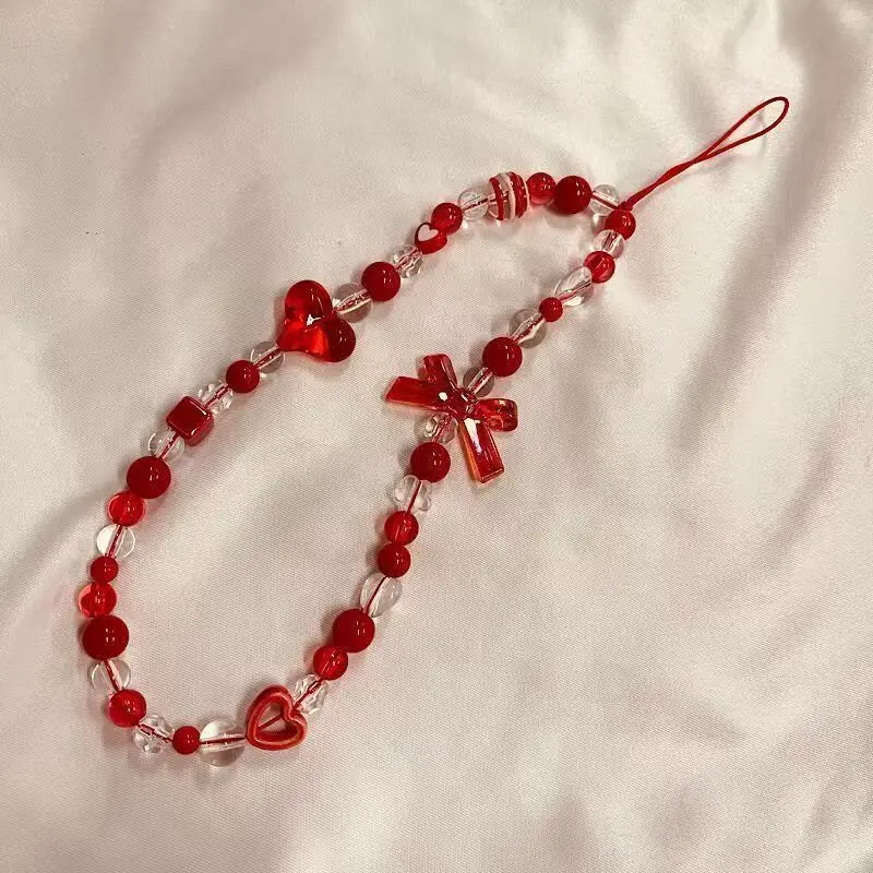 Fashion Redbow Heart Phone Chain Trendy Pendant For iPhone Samsung Universal Accessories Lanyard Hanging Rope For Girl Pendant