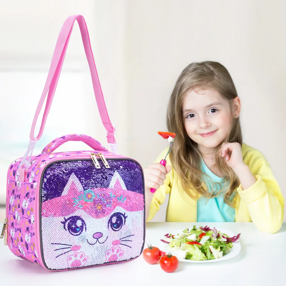 Lunch Bag For Girls, Cute Cartoon Kitty Sequin Design Lunch Box For Elementary Students, Kids Bento Box, Glow-in-the-dark Functi