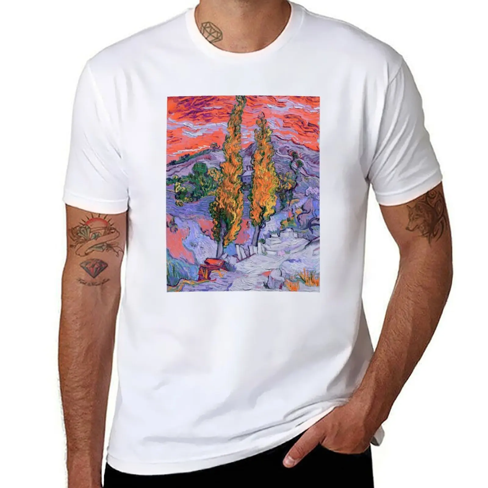 The Poplars at Saint-Rémy — фиолетовая и оранжевая футболка, мужские футболки, хлопковые футболки, футболка высокого качества