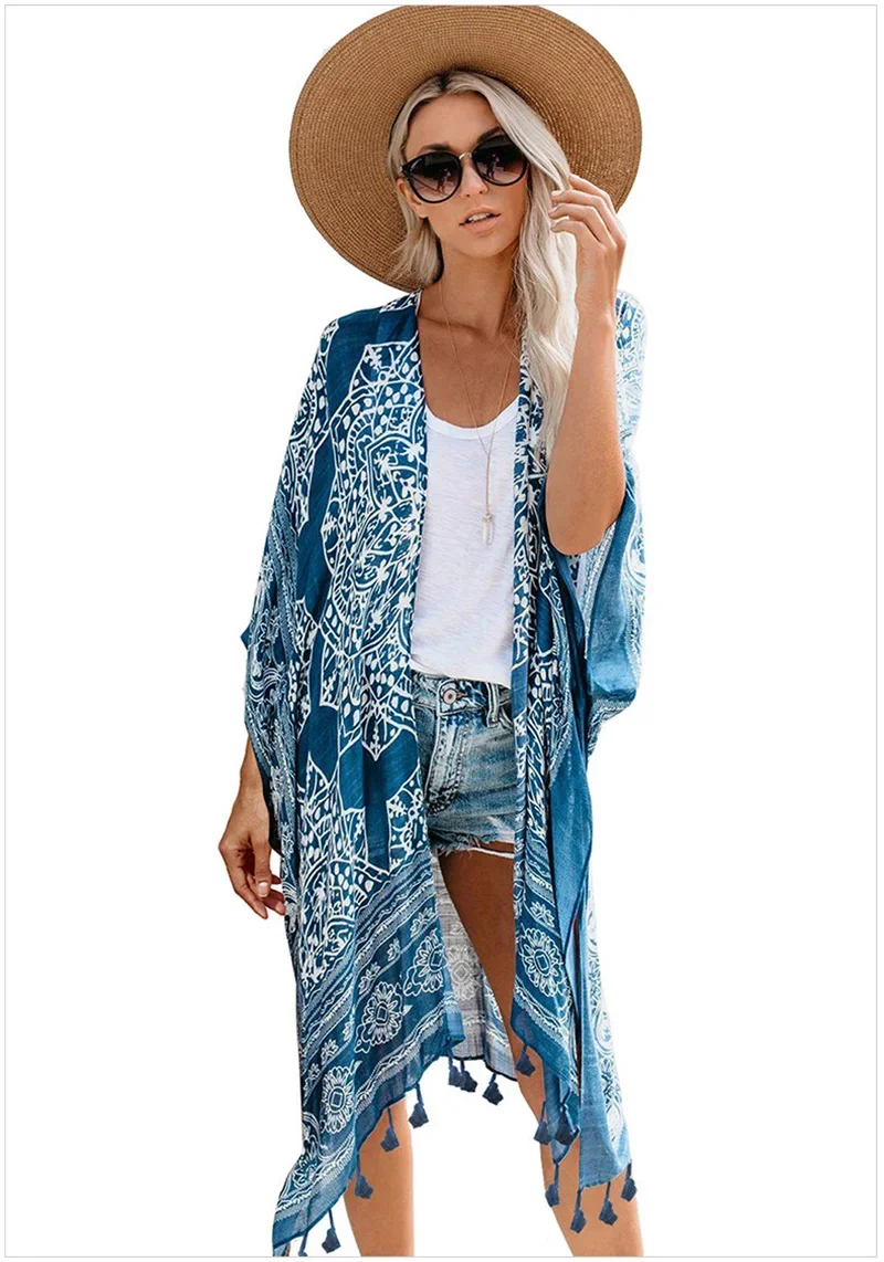 

Vintage Summer Kimono Women Costume Dance Wear Fringe Print Floral Oversized Slim Sexy Loose Cardigan Hot