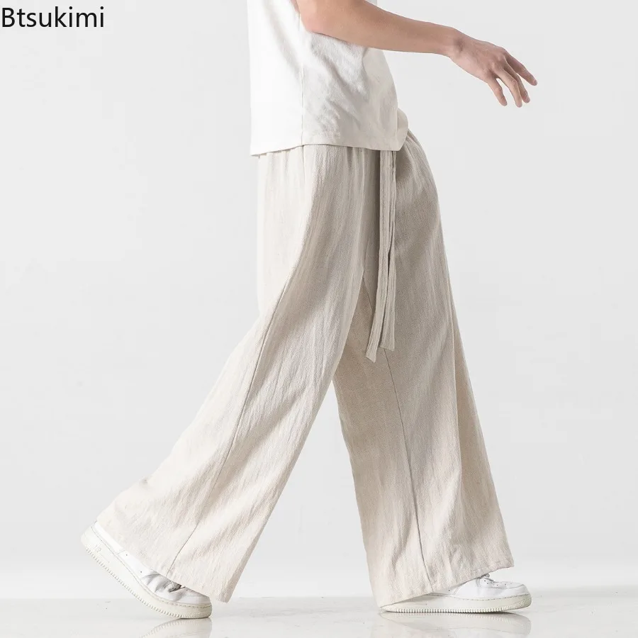 Calça casual de linho algodão vintage masculina, calça larga larga larga, estilo chinês, alta qualidade, moda Harajuku, 2024