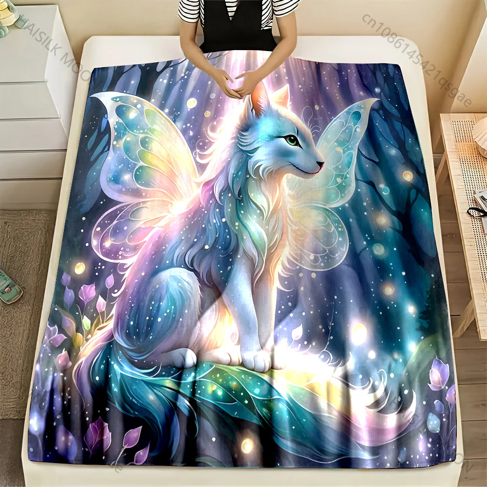 Multi-size Fairy Wing Fox Pattern Blanket Flannel Material Soft Warm for All Seasons Home Outdoor Camping Picnics Luxury Gifts