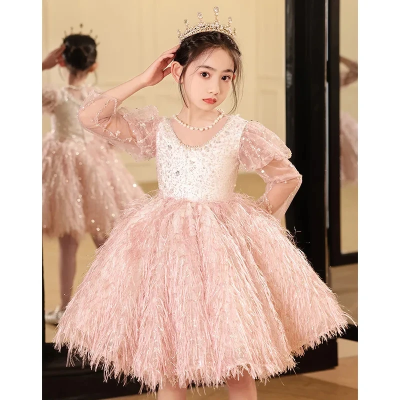 Fashion Baby Girl Princess Bling Feather Dress Infant Toddler Child Bow Vestido Party Pageant Birthday Ball Gown