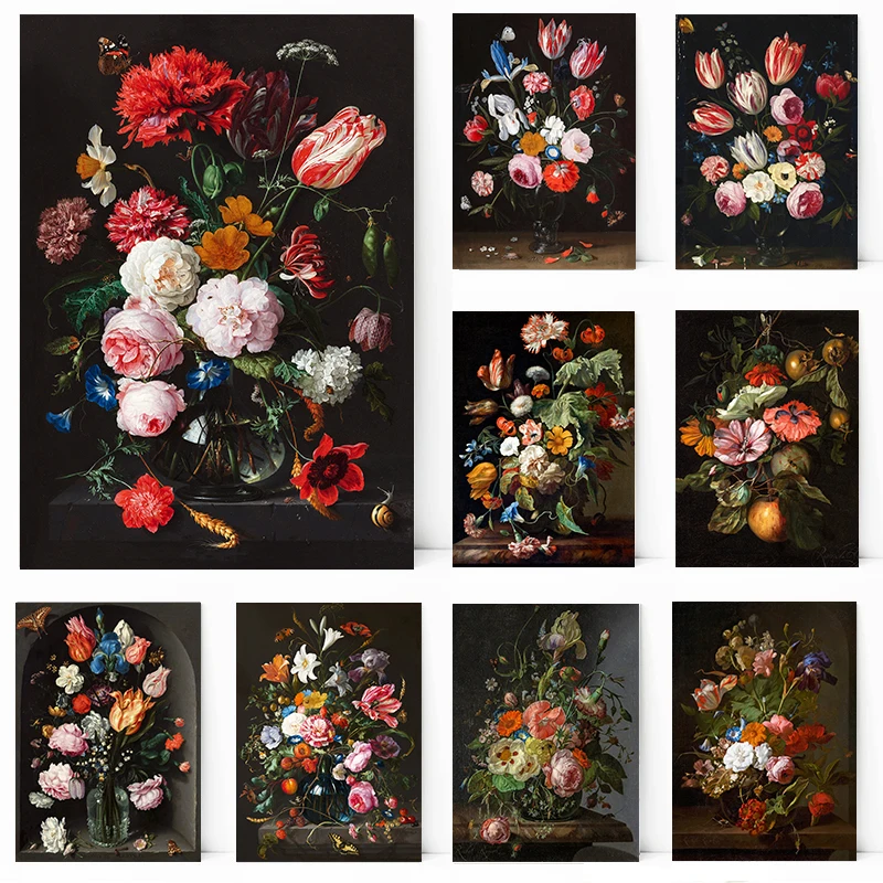 Vintage Gothic Floral Art painter Abraham Mignon Still Life with Flowers Print Canvas Painting Wall Picture for Room Home Decor