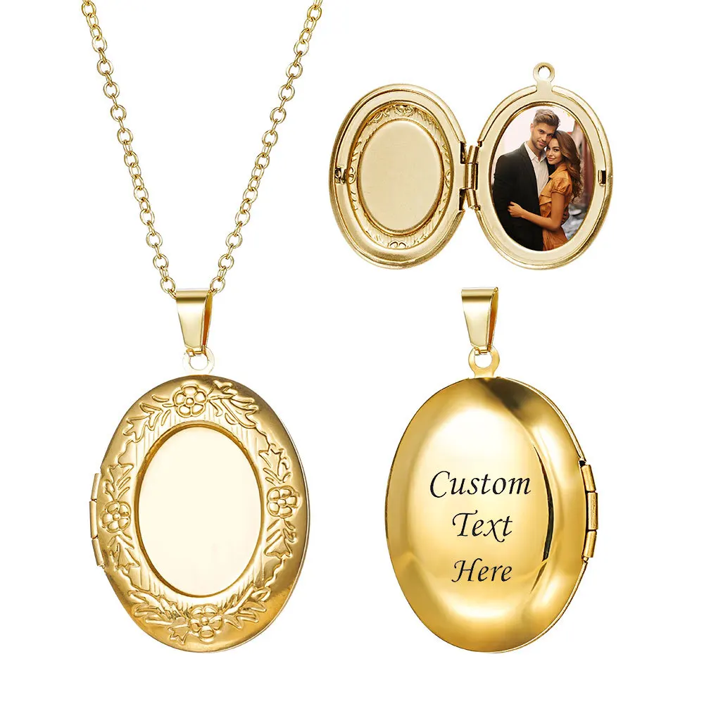 

Vintage Floral Engraved Stainless Steel Locket Necklace Openable Photo Frame Pendant DIY Couple Custom Photo Jewelry