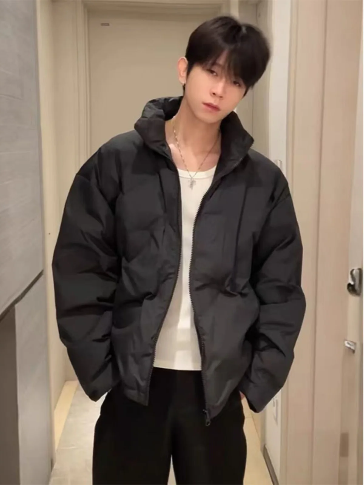 

Black Diamond Pattern down Cotton Jacket Men's Winter American Style Stand Collar Bread Style Cleanfit Boys Cotton Coat
