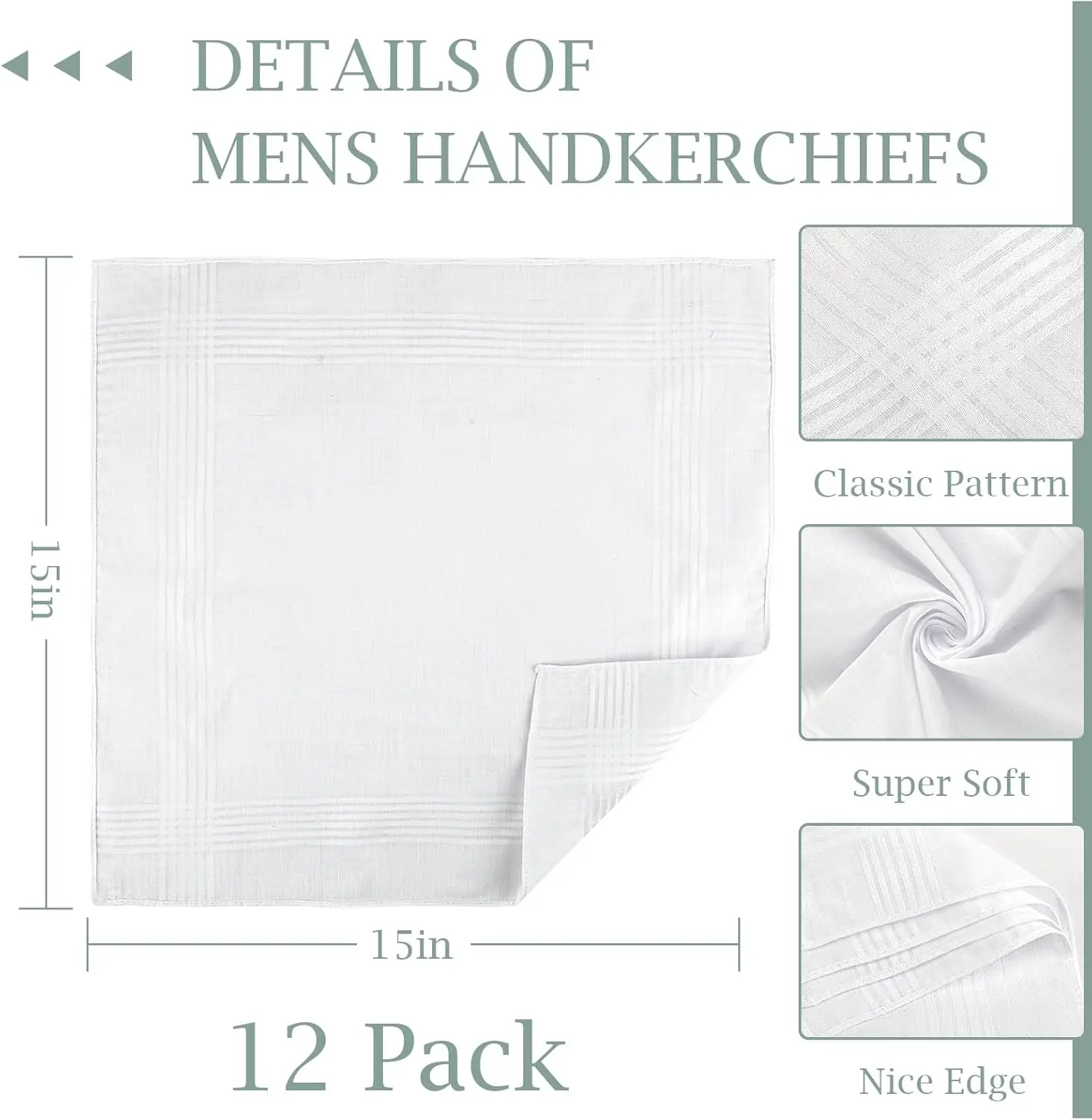 

Мужские носовые платки, 100% мягкий хлопок, белые, классические многоразовые мужские платки, 15x15 дюймов, карманные платки
