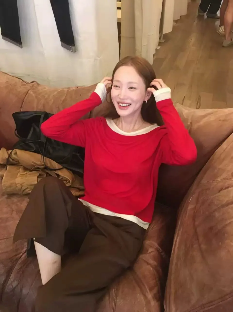 MOSA Korean Style Long Sleeve round Neck T-Shirt Color Block Design Breathable Top Dongdaemun Autumn New Arrival Single Piece