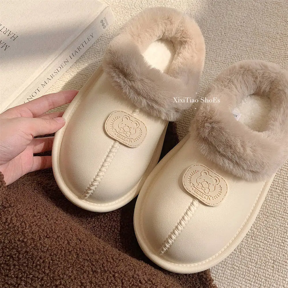 Fashion indoor outdoor wear fleece warm comfortable cotton slippers plush soft sole simple waterproof home shoes women's winter