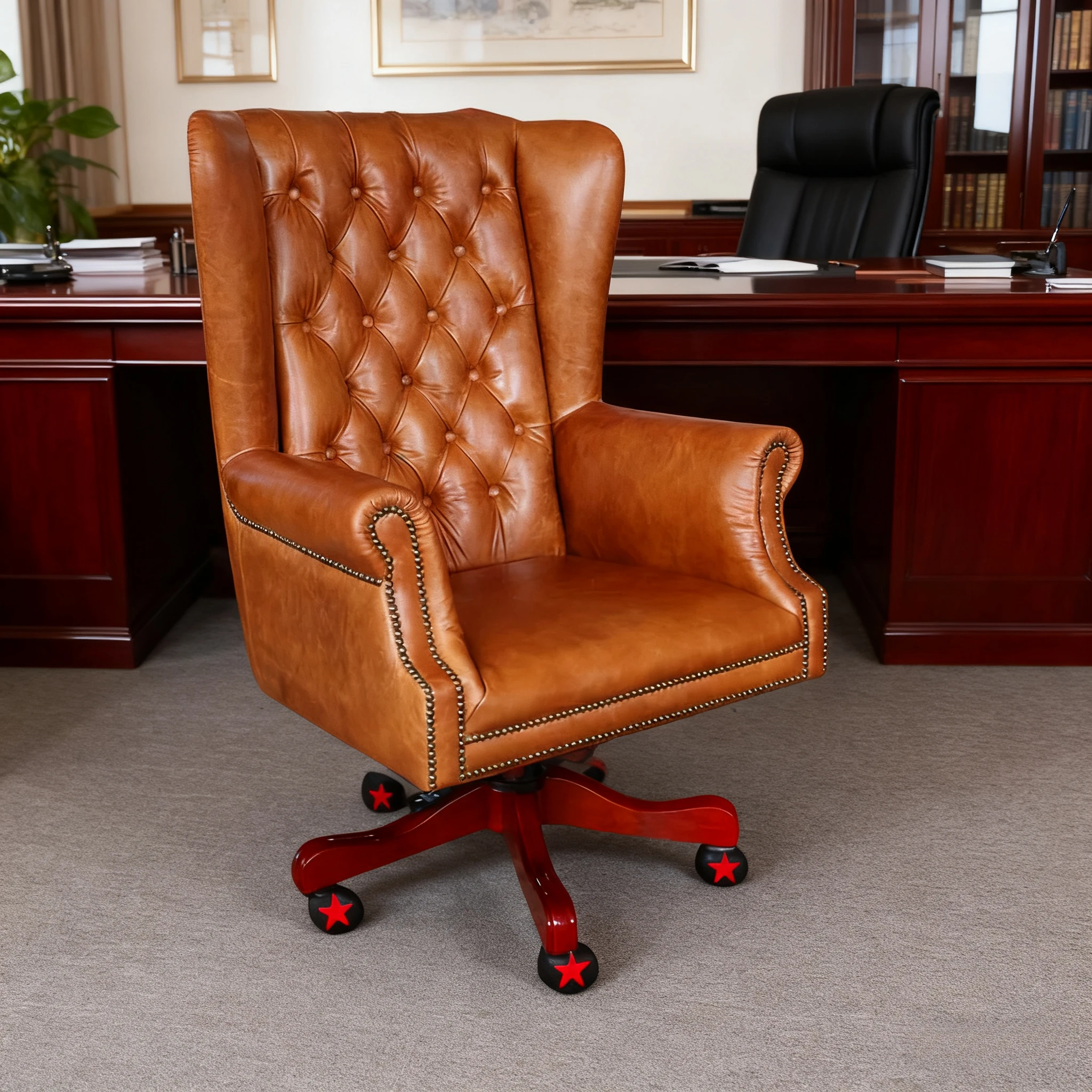 

American Furniture Luxury Wood Leather Office Chair Retro Vintage Brown Genuine Leather Wooden Base Lift Up&down Executive Chair