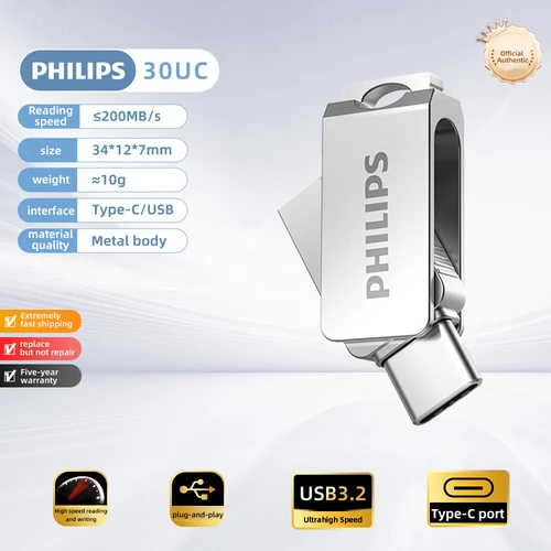 Philips Unidad ultra dual de 128 GB Go Unidad flash USB tipo C Unidad de pulgar Unidad de pluma Unidad de salto para almacenamiento de datos, compartir archivos.