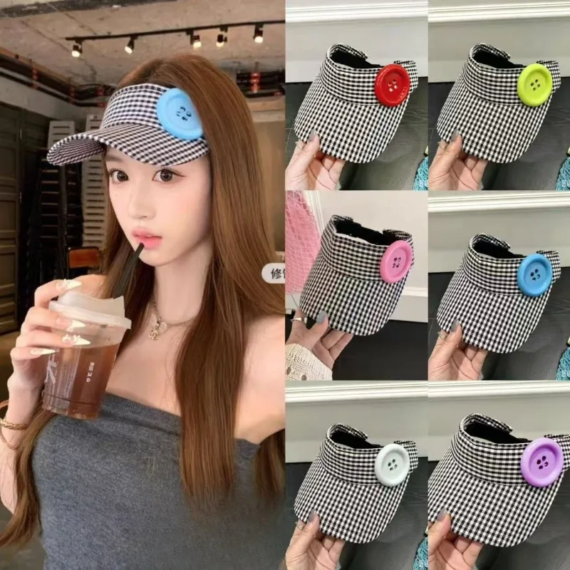 Ins Black White Checked Sun Visor Hat with Y2K Oversized Candy-Coloured Button Detail  Women’s Summer Open-Top UV Protection Cap
