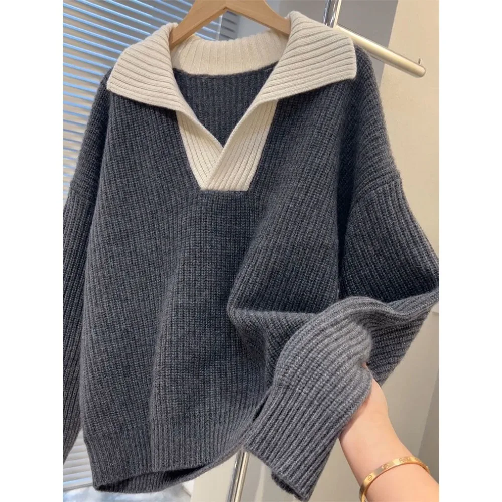 

Women‘s Polo Neck Sweater 2025 Winter Thick Knit Pullover Color Block Design Lazy Style Warm Casual Jumper