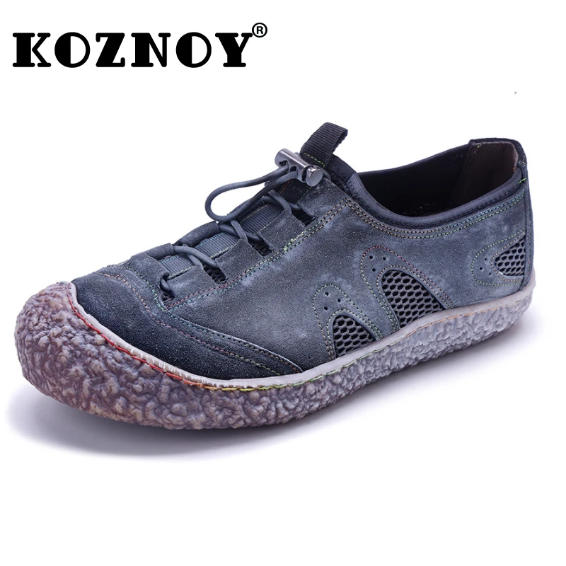 Koznoy 2cm Air Mesh Genuine Leather Autumn Plus Size Fashion Ethnic Spring Woman Summer Flats Walking Loafer Shoes