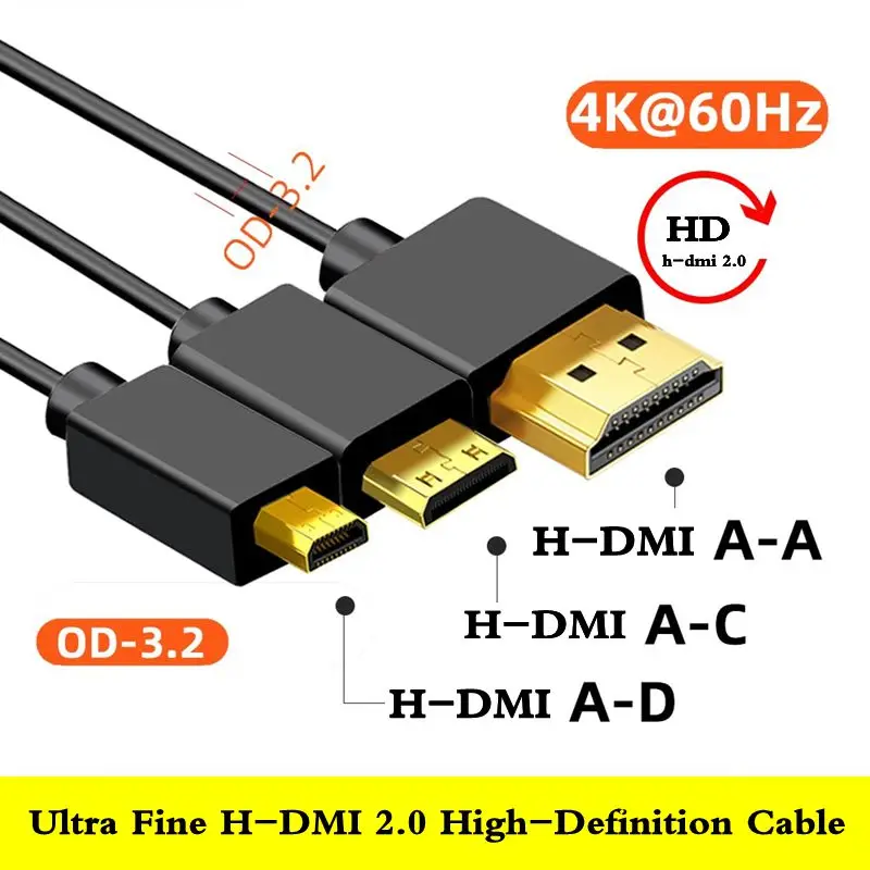 

4K60HZ 2.0 версия Micro Mini HDMI-совместимая цифровая камера, совместимая с разъемом «папа» и HDMI, ТВ-проектор, HD-видеокабель, наружный диаметр 3,2 мм