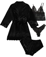 4pcs Women Striped Lingerie Set Lace Trim Robe Camisole Shorts Panties Nightwear Sleepwear Homewear Sexy Pajamas Outfit - Image 5