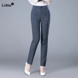 Office Lady Solid Color Slim Straight Trousers Spring Autumn Casual Button Patchwork Pockets Mid Wajst Western-style Pants Women