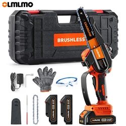 OLMLMO Brushless Mini Chainsaw 6 Inches With 2 2000mAh 21V Batteries, Home Electric Handheld Chain Saw Powered With Auto Oiling