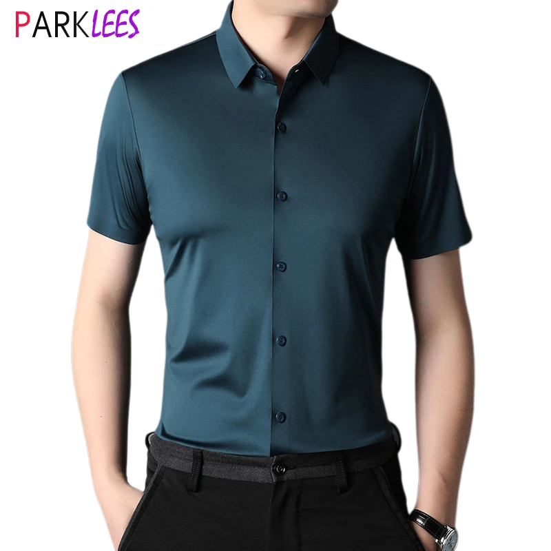 

Green Silk Like Mens Dress Shirts 2024 Summer New Slim Fit Short Sleeve Shirt Men Casual Breathable Comfortable Chemise Homme