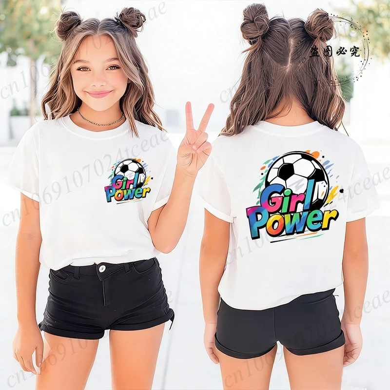 

Летние футболки Soccer Girl Power для девочек, одежда для девочек, повседневная одежда, хлопковые футболки Kwaii, модные детские топы