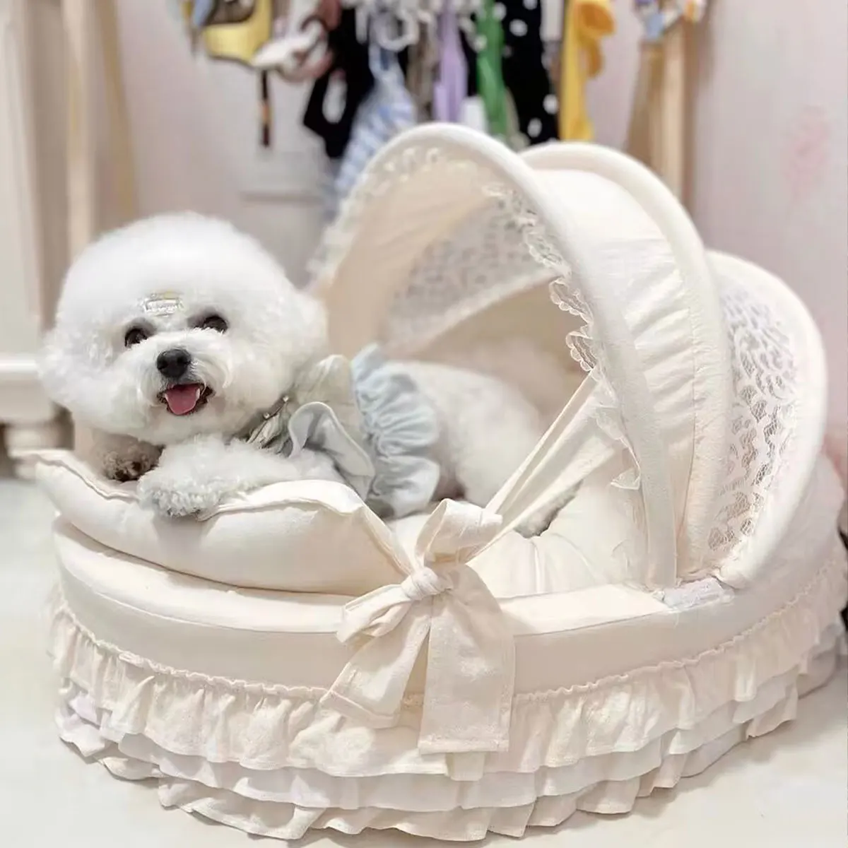 Pet Cradle Bed with Cotton Puppy Kitten Princess Bed - Pet Sofa, Dog Cushion Puppy Cradle Bed, Morandi Beige