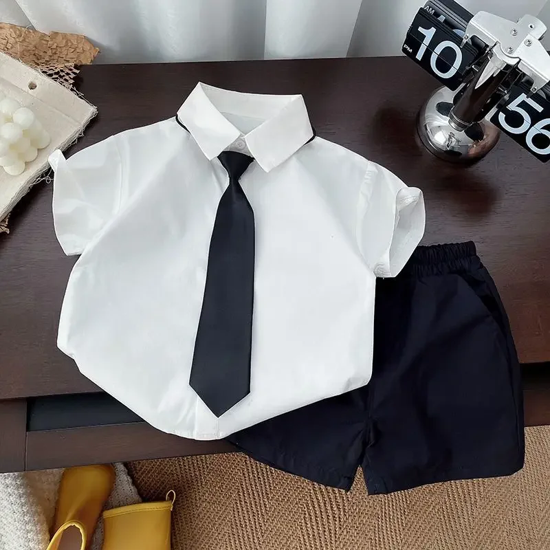 

Children's Summer Set Baby Boys' Summer 2026 New Style White Shirt+Shorts Two -piece Set