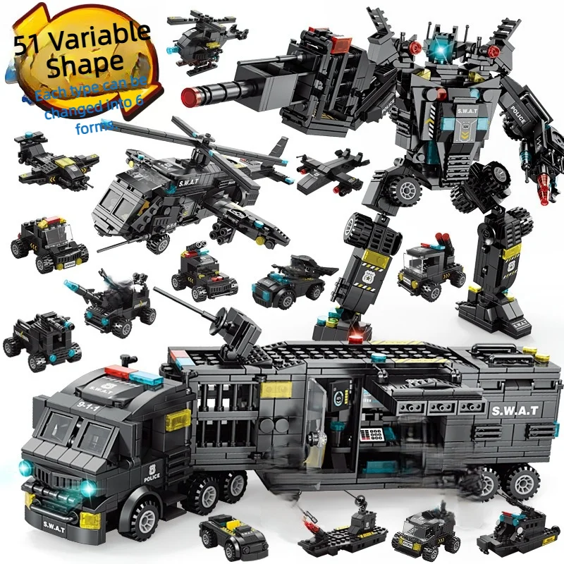 SWAT Police Buiding Blocks Station Office Armored Helicopter Robot Radar Ship Off-Road Vehicle Supersonic Fighter Jet Boys Gifts