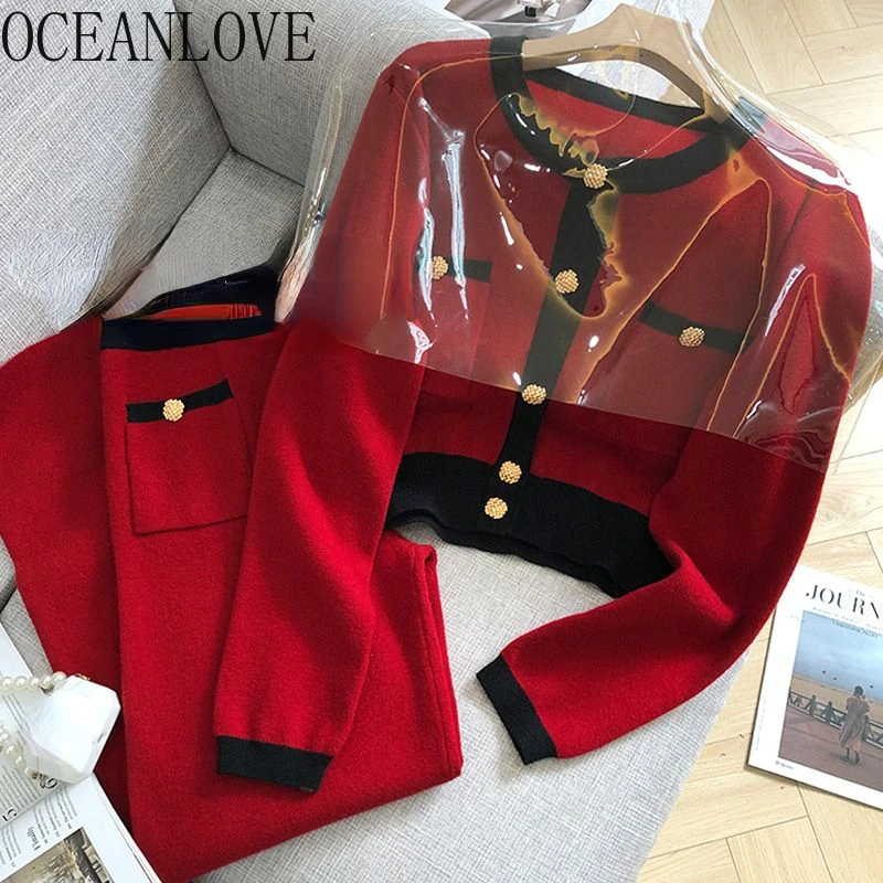 OCEANLOVE Autumn Winter Pants Sets Contrast Color Knitting 2 Piece Sets Women Outfit Korean Fashion Conjuntos De Pantalones