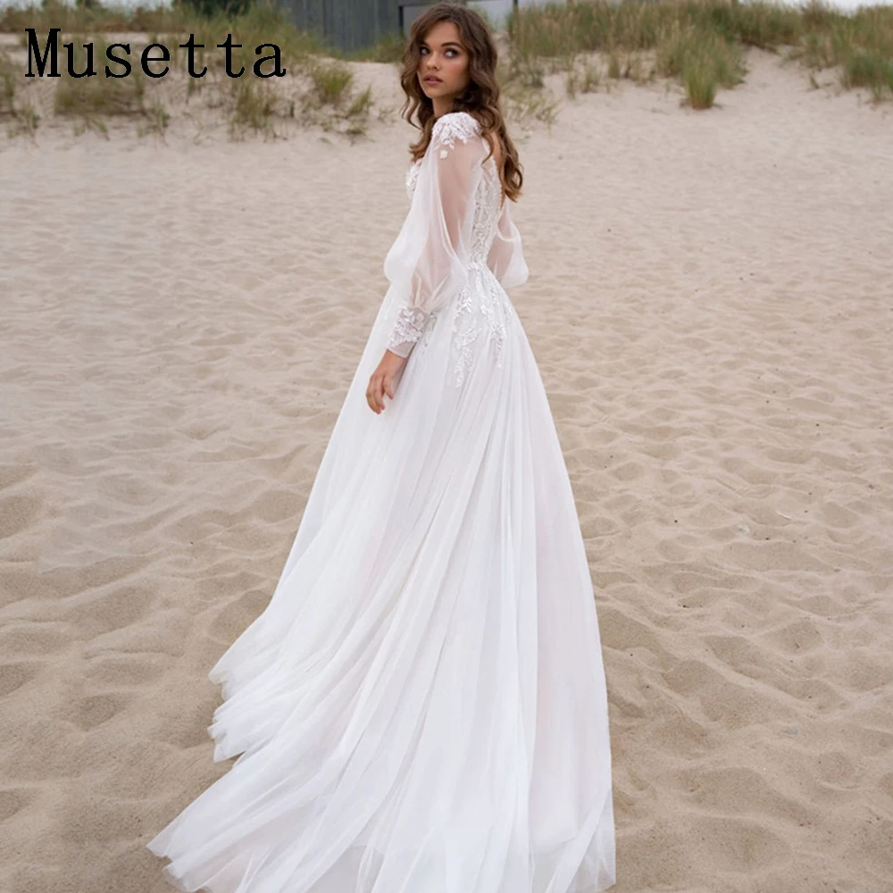 Musetta Beach-vestidos De novia sencillos con cuello en V, mangas abullonadas, abertura larga, Espalda descubierta, Apliques De encaje, bata De tul