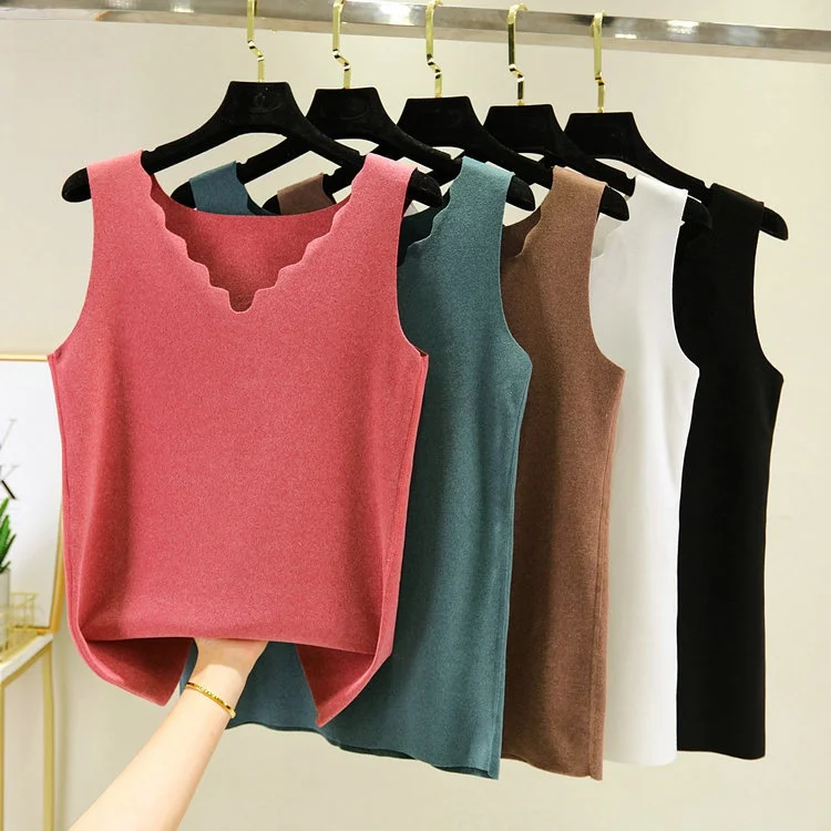 Thickened Fleece Warm Vest Women's Close-Fitting Double-Sided Velvet Inner Wear Winter Patched-Up Slim Fit Casual Style Polye...
