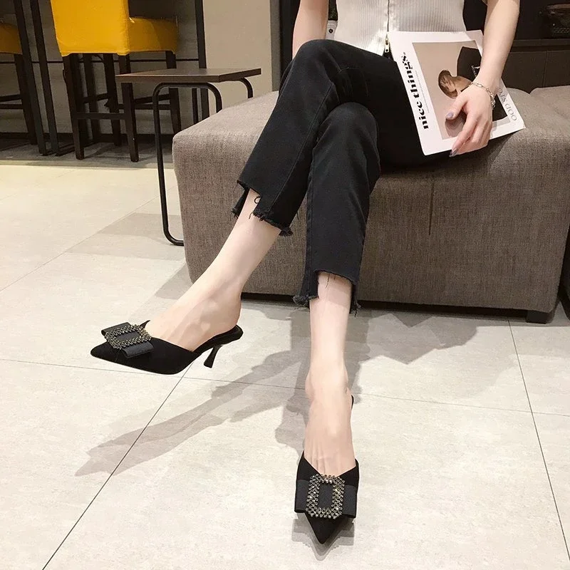 2024 Female Shoes Cover Toe Butterfly-Knot Mules For Women  Slippers Casual Square heel Loafers Slides Med  Luxury Pointed