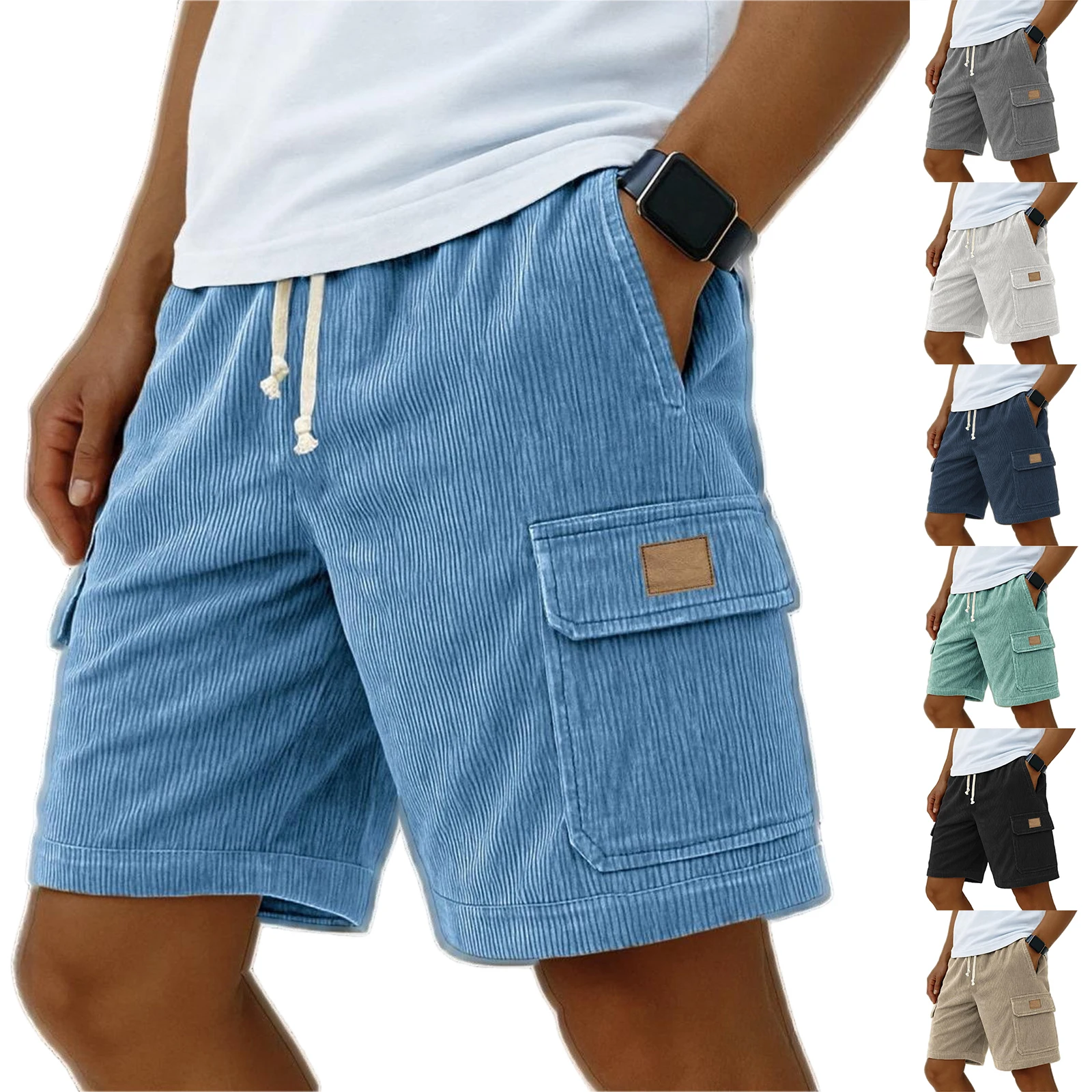 

Large Pocket Corduroy Solid Color Shorts Drawstring Elastic Waist Sports Shorts Summer Beach Shorts With Pocket